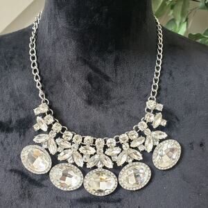 Women's Clear Rhinestone Choker Collar Silver Tone Statement Necklace